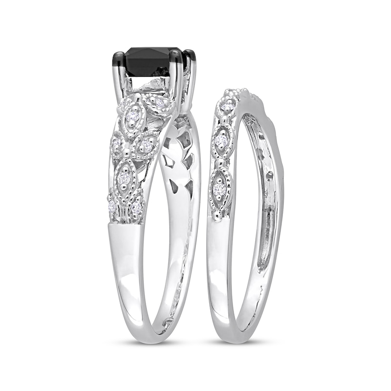 Main Image 2 of Vintage-Style Princess-Cut Black & Round-Cut White Diamond Bridal Set 7/8 ct tw 14K White Gold