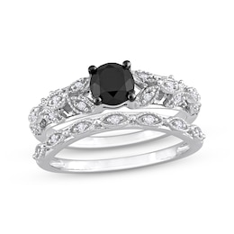 Vintage-Style Round-Cut Black & White Diamond Bridal Set 7/8 ct tw 14K White Gold 14K White Gold