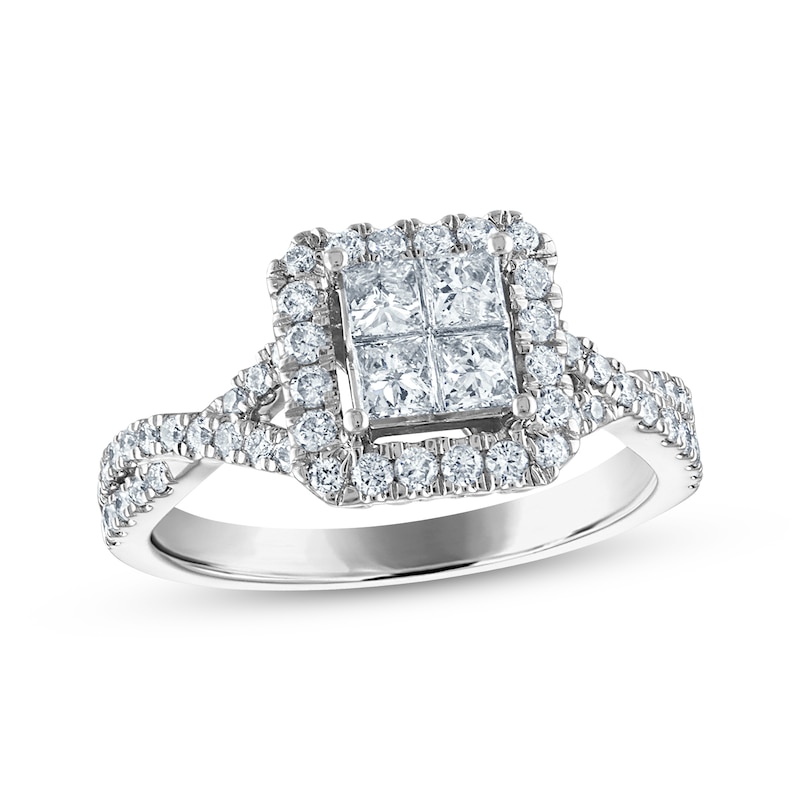 Main Image 1 of Princess & Round-Cut Diamond Engagement Ring 1 ct tw 14K White Gold