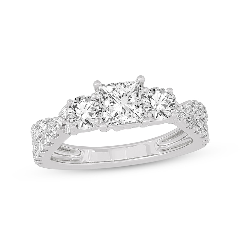 Main Image 1 of Memories Moments Magic Princess & Round-Cut Three-Stone Diamond Engagement Ring 2 ct tw 14K White Gold