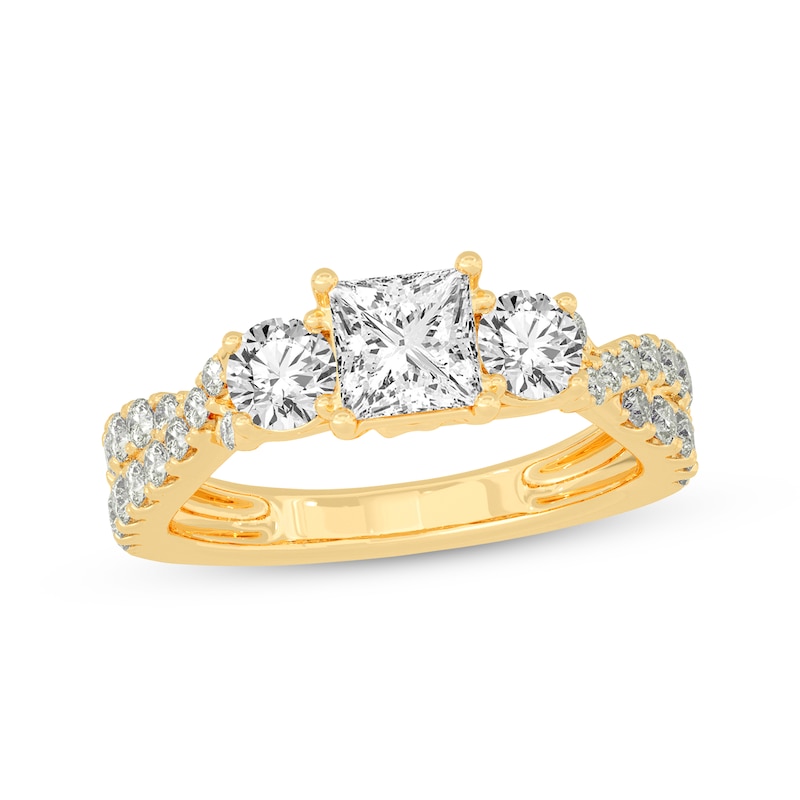 Main Image 1 of Memories Moments Magic Princess & Round-Cut Three-Stone Diamond Engagement Ring 2 ct tw 14K Yellow Gold