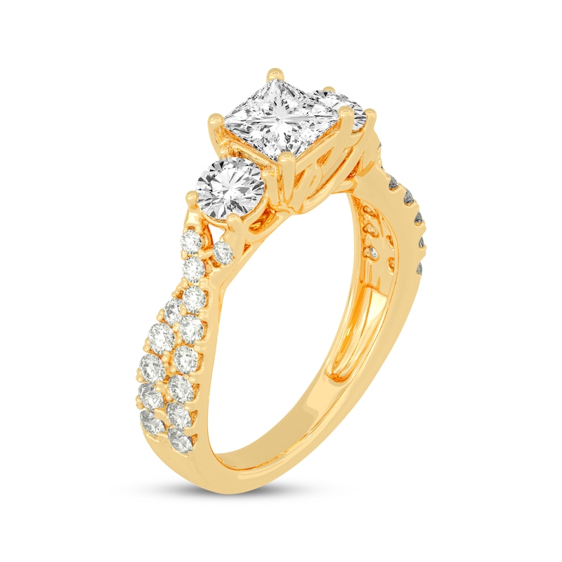 Main Image 2 of Memories Moments Magic Princess & Round-Cut Three-Stone Diamond Engagement Ring 2 ct tw 14K Yellow Gold