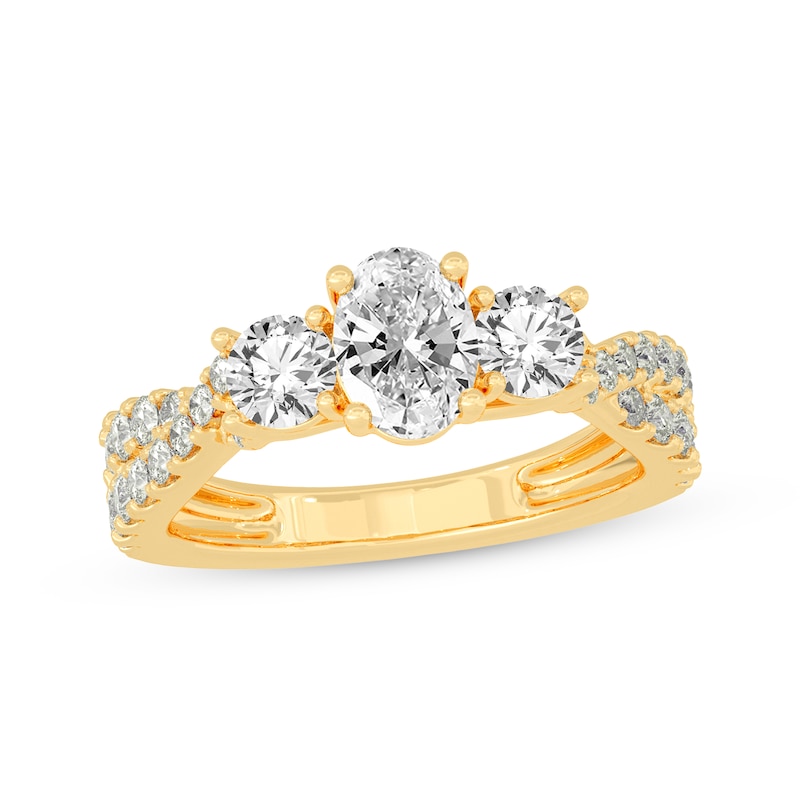 Main Image 1 of Memories Moments Magic Oval & Round-Cut Diamond Three-Stone Engagement Ring 2 ct tw 14K Yellow Gold