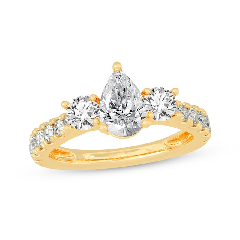 Main Image 1 of Memories Moments Magic Pear-Shaped & Round-Cut Three-Stone Diamond Engagement Ring 2 ct tw 14K Yellow Gold