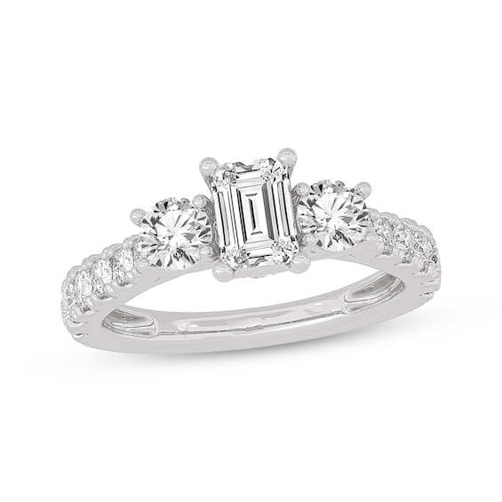 Memories Moments Magic Emerald & Round-Cut Three-Stone Diamond Engagement Ring 2 ct tw 14K White Gold