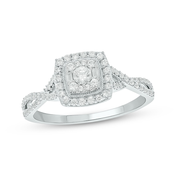 Baguette & Round-Cut Multi-Diamond Center Cushion-Frame Engagement Ring 1/2 ct tw 14K White Gold