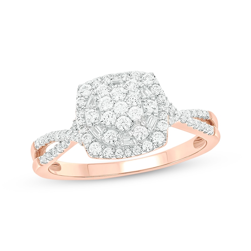 Main Image 1 of Now + Forever Baguette & Round-Cut Multi-Diamond Center Cushion-Shaped Engagement Ring 1/2 ct tw 14K Rose Gold