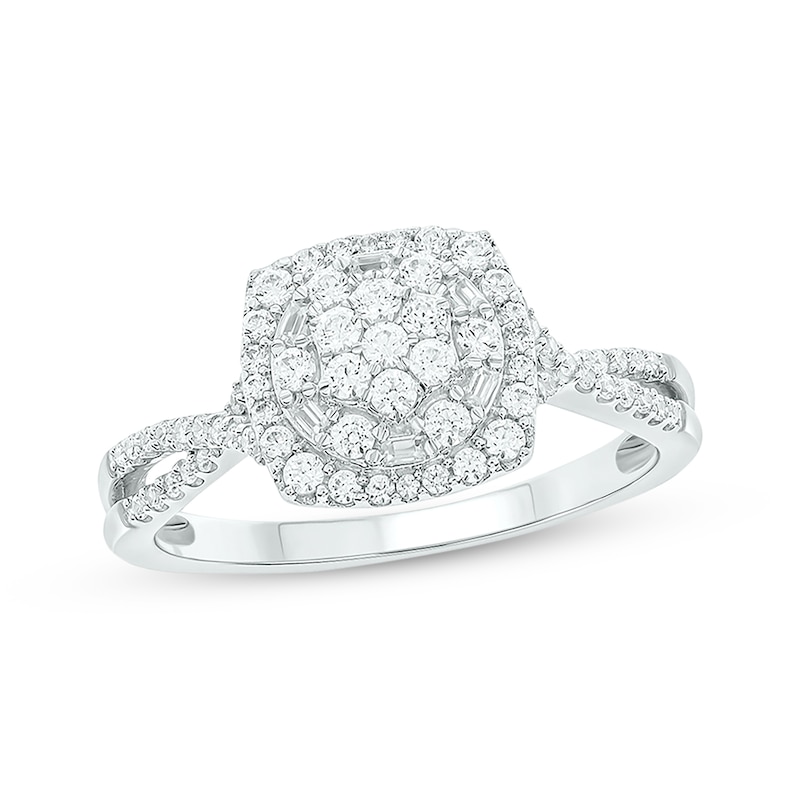 Main Image 1 of Baguette & Round-Cut Multi-Diamond Center Cushion-Shaped Engagement Ring 1/2 ct tw 14K White Gold