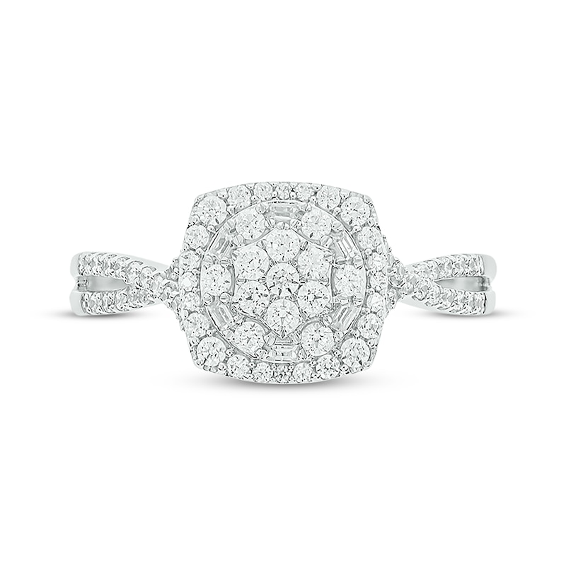 Main Image 4 of Baguette & Round-Cut Multi-Diamond Center Cushion-Shaped Engagement Ring 1/2 ct tw 14K White Gold