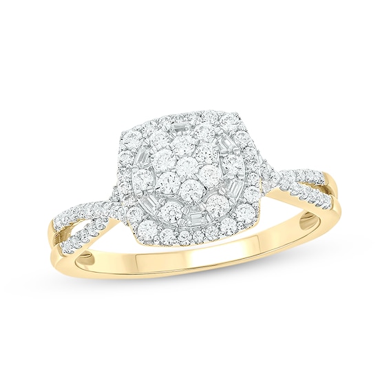 Baguette & Round-Cut Multi-Diamond Center Cushion-Shaped Engagement Ring 1/2 ct tw 14K Yellow Gold