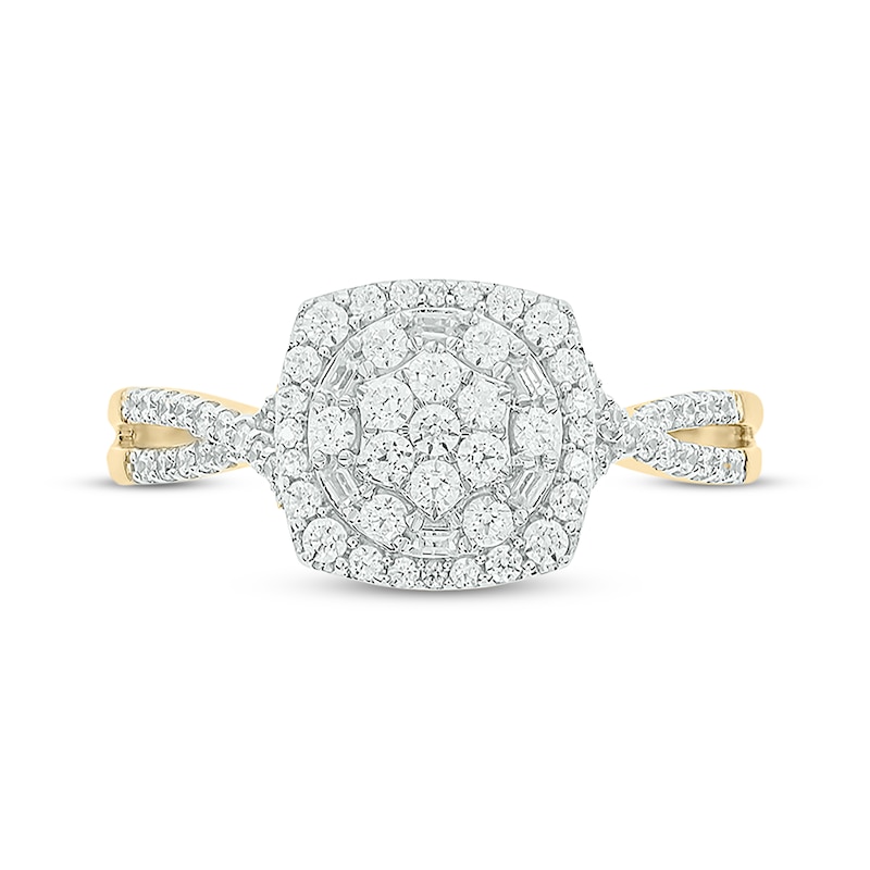 Main Image 4 of Baguette & Round-Cut Multi-Diamond Center Cushion-Shaped Engagement Ring 1/2 ct tw 14K Yellow Gold