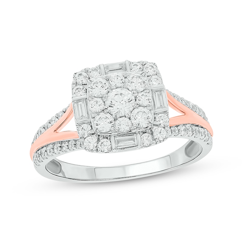 Main Image 1 of Baguette & Round-Cut Multi-Diamond Center Cushion-Shaped Engagement Ring 1 ct tw 14K Two-Tone Gold