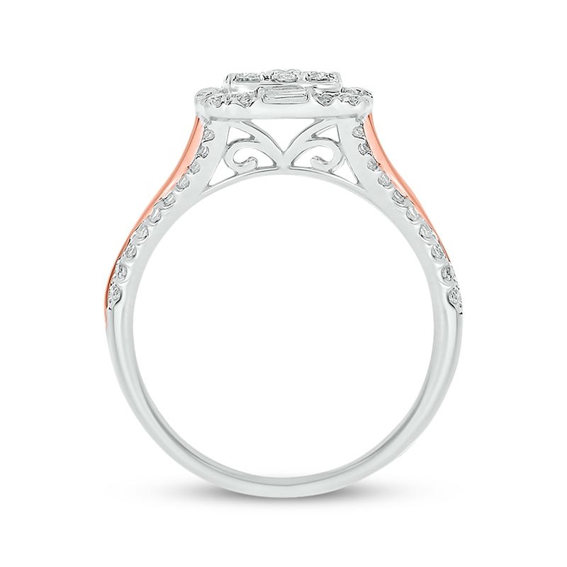 Main Image 4 of Baguette & Round-Cut Multi-Diamond Center Cushion-Shaped Engagement Ring 1 ct tw 14K Two-Tone Gold