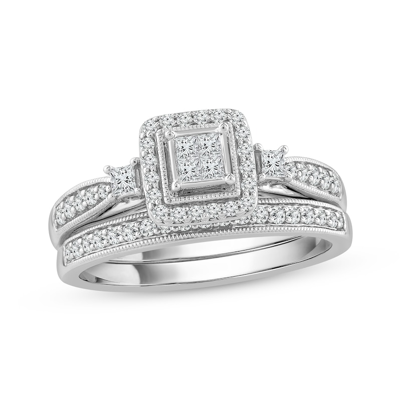 Main Image 1 of Now + Forever Princess & Round-Cut Diamond Bridal Set 1/2 ct tw 10K White Gold