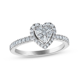 Baguette & Round-Cut Multi-Diamond Center Heart Frame Engagement Ring 3/8 ct tw 10K White Gold