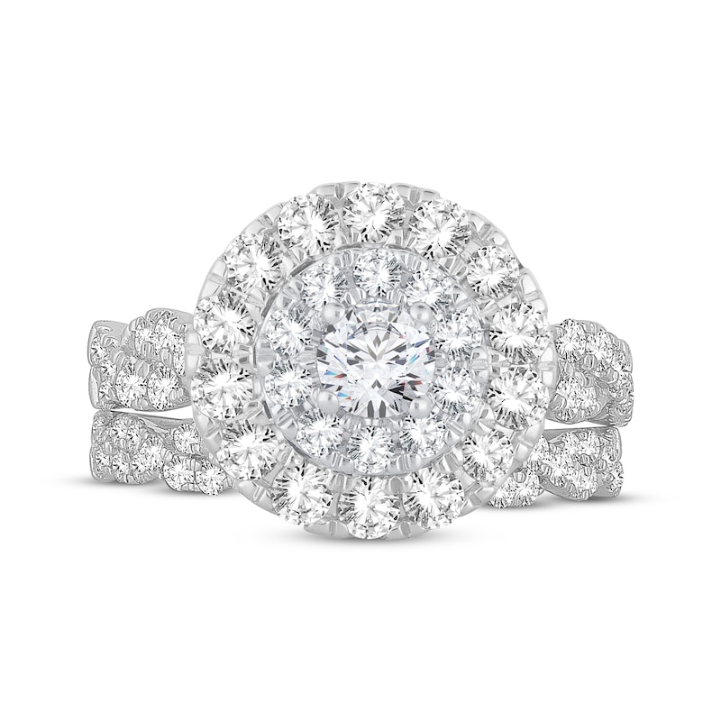 Main Image 3 of Round-Cut Diamond Double Halo Twist Bridal Set 2 ct tw 14K White Gold