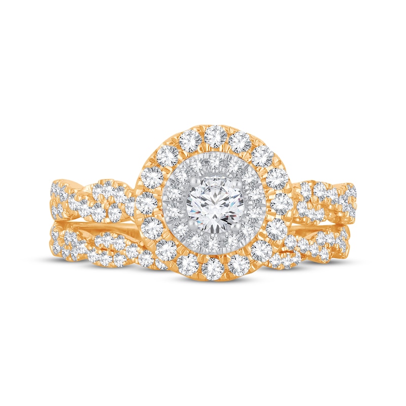 Main Image 3 of Round-Cut Diamond Halo Bridal Set 1 ct tw 14K Yellow Gold