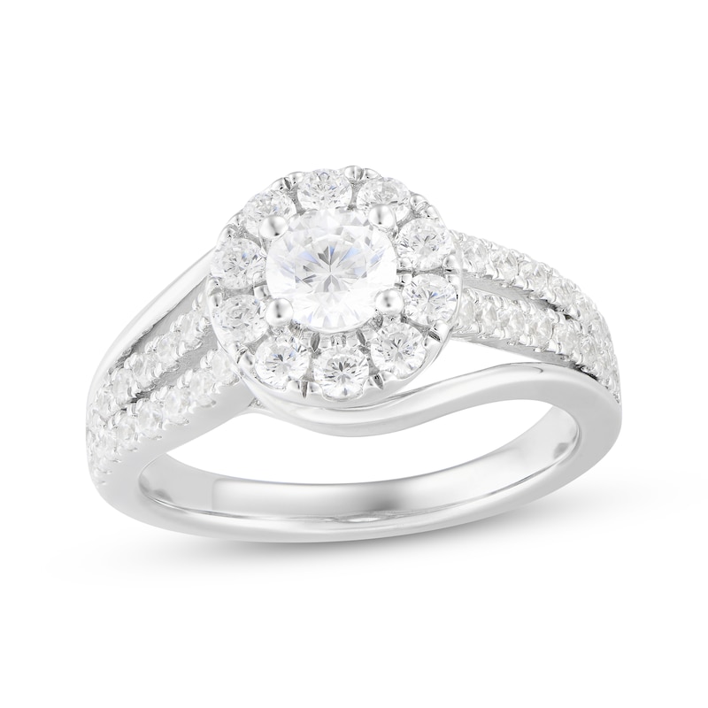 Main Image 1 of Round-Cut Diamond Halo Swirl Engagement Ring 1-1/4 ct tw 14K White Gold