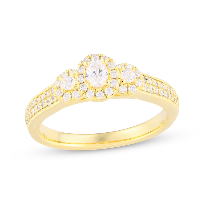 Main Image 1 of Memories Moments Magic Oval & Round-Cut Three-Stone Diamond Engagement Ring 1/2 ct tw 14K Yellow Gold