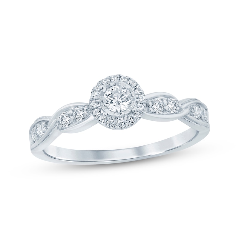 Main Image 1 of Round-Cut Diamond Halo Swirl Shank Engagement Ring 1/3 ct tw 10K White Gold