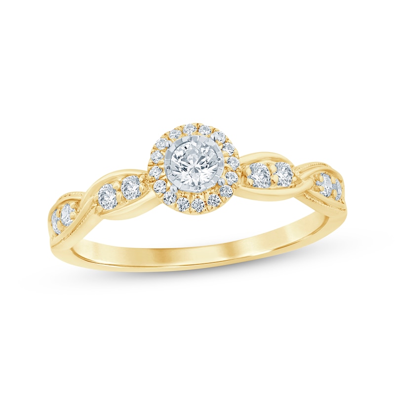 Main Image 1 of Round-Cut Diamond Halo Swirl Shank Engagement Ring 1/3 ct tw 10K Yellow Gold