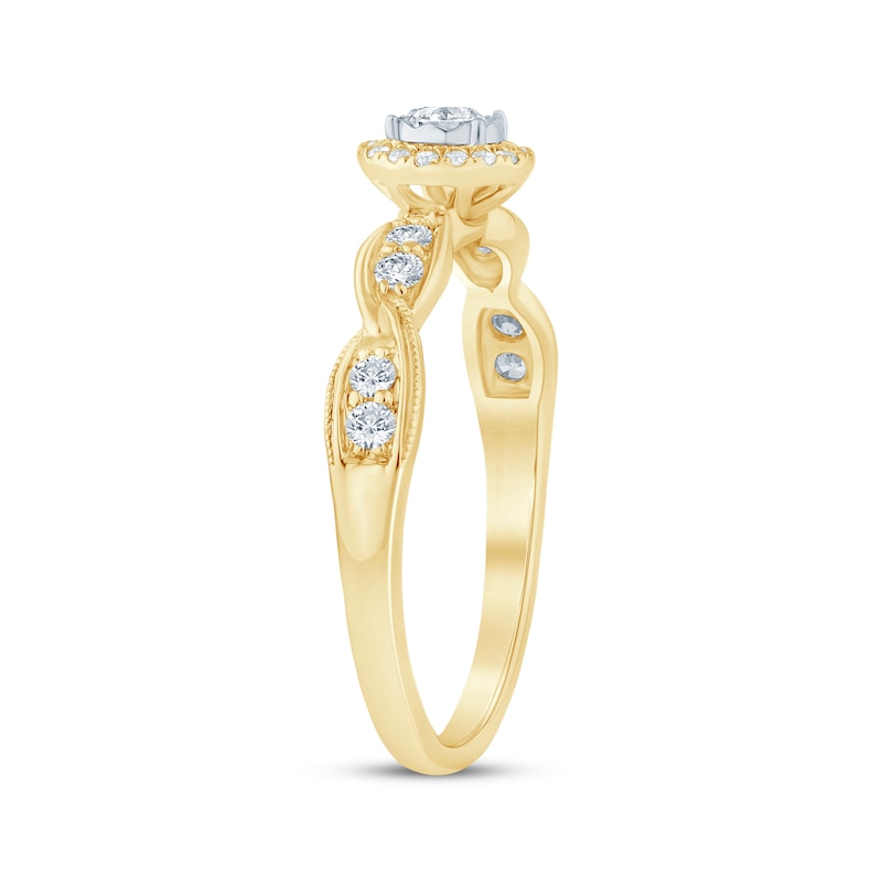 Main Image 2 of Round-Cut Diamond Halo Swirl Shank Engagement Ring 1/3 ct tw 10K Yellow Gold