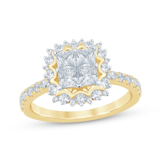 Princess-Cut Quad Diamond Starburst Halo Engagement Ring 1-1/2 ct tw 14K Yellow Gold