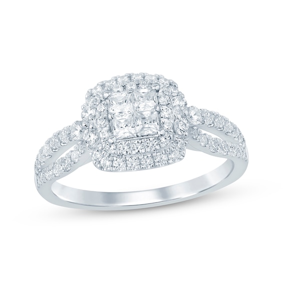 Princess-Cut Quad Diamond Halo Split Shank Engagement Ring 3/4 ct tw 14K White Gold