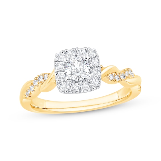 Round-Cut Diamond Cushion Halo Twist Engagement Ring 5/8 ct tw 14K Yellow Gold