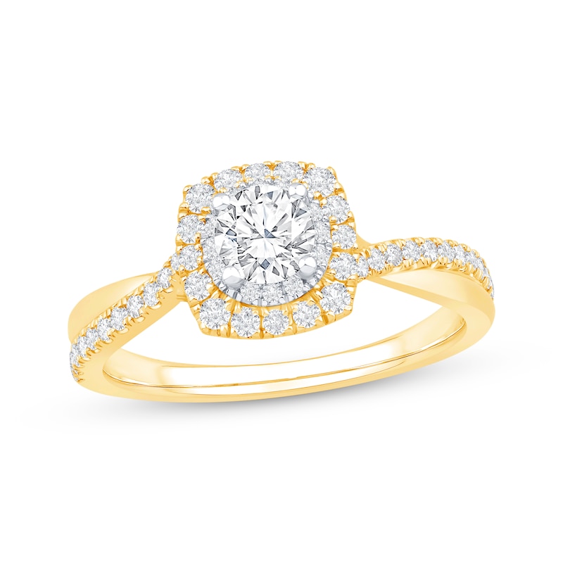 Main Image 1 of Round-Cut Diamond Double Halo Engagement Ring 7/8 ct tw 14K Yellow Gold