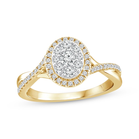 Multi-Diamond Center Oval Halo Engagement Ring 1/2 ct tw 14K Yellow Gold