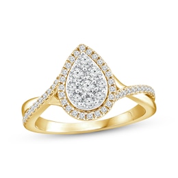 Now + Forever Multi-Diamond Center Teardrop Halo Engagement Ring 1/2 ct tw 14K Yellow Gold