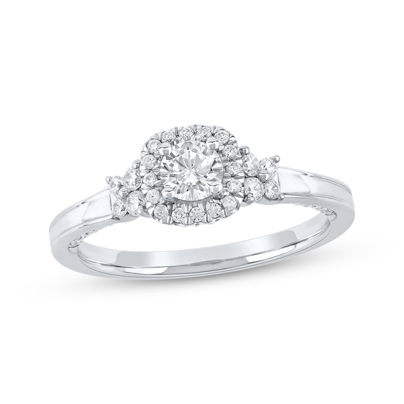 Main Image 1 of Round-Cut Diamond Double Halo Engagement Ring 3/4 ct tw 14K White Gold