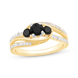 Memories Moments Magic Round-Cut Black & White Diamond Three-Stone Engagement Ring 1 ct tw 14K Yellow Gold