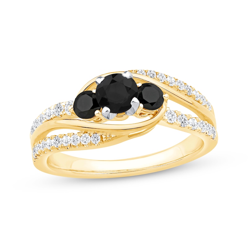 Main Image 1 of Memories Moments Magic Round-Cut Black & White Diamond Three-Stone Engagement Ring 1 ct tw 14K Yellow Gold