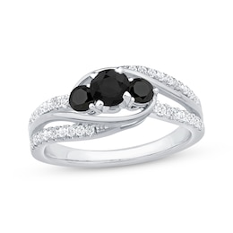 Memories Moments Magic Round-Cut Black & White Diamond Three-Stone Engagement Ring 1 ct tw 14K White Gold