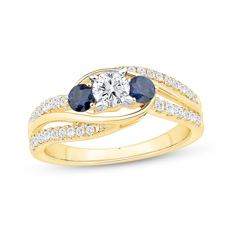 Main Image 1 of Memories Moments Magic Round-Cut Diamond & Blue Sapphire Three-Stone Engagement Ring 5/8 ct tw 14K Yellow Gold