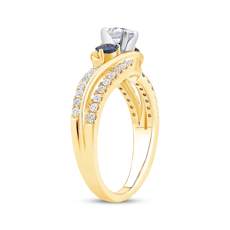 Main Image 2 of Memories Moments Magic Round-Cut Diamond & Blue Sapphire Three-Stone Engagement Ring 5/8 ct tw 14K Yellow Gold