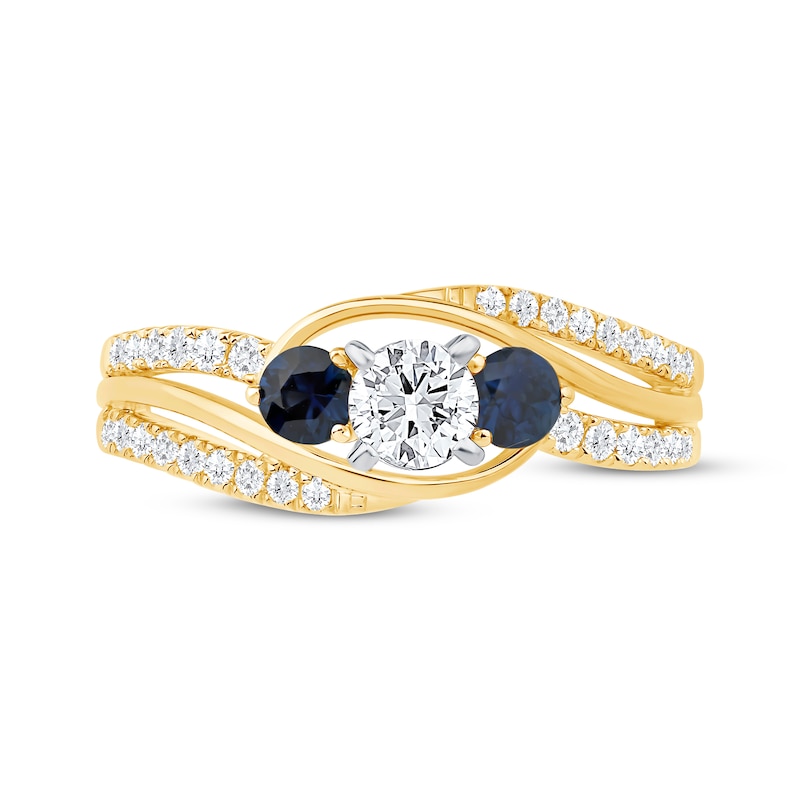 Main Image 3 of Memories Moments Magic Round-Cut Diamond & Blue Sapphire Three-Stone Engagement Ring 5/8 ct tw 14K Yellow Gold