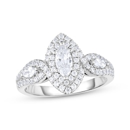 Marquise-Cut Diamond Double Halo Three-Stone Engagement Ring 1 ct tw 14K White Gold