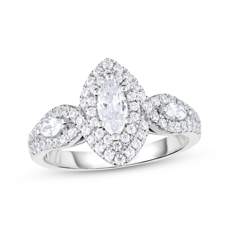 Main Image 1 of Marquise-Cut Diamond Double Halo Three-Stone Engagement Ring 1 ct tw 14K White Gold