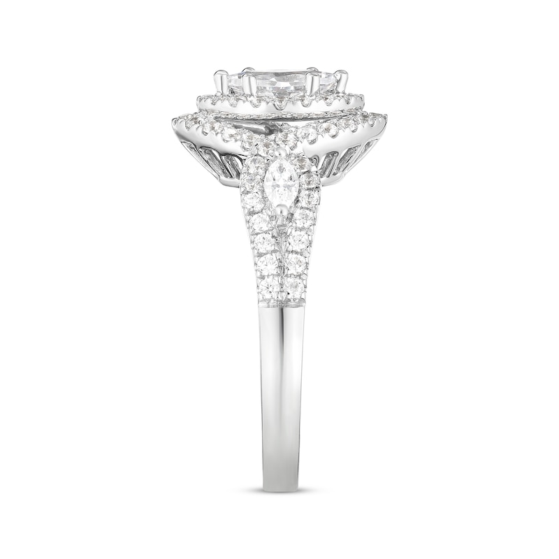 Main Image 3 of Marquise-Cut Diamond Double Halo Three-Stone Engagement Ring 1 ct tw 14K White Gold