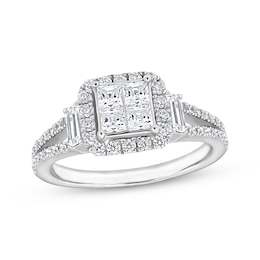 Princess-Cut Quad Diamond Cushion Halo Engagement Ring 1 ct tw 14K White Gold