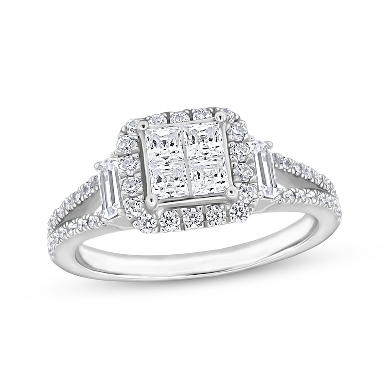 Main Image 1 of Princess-Cut Quad Diamond Cushion Halo Engagement Ring 1 ct tw 14K White Gold