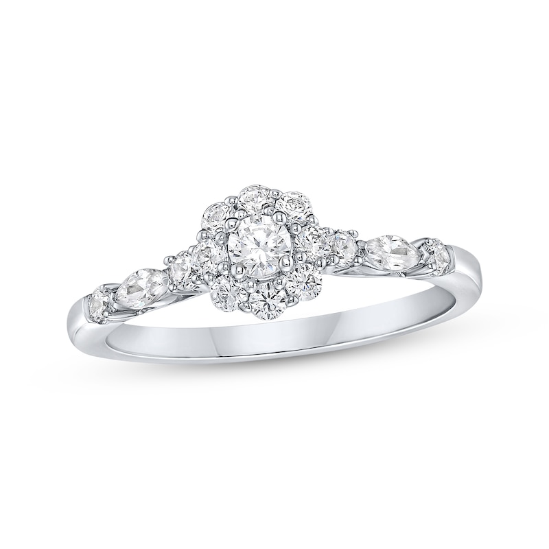 Main Image 1 of Round-Cut Diamond Flower Halo Engagement Ring 1/2 ct tw 14K White Gold