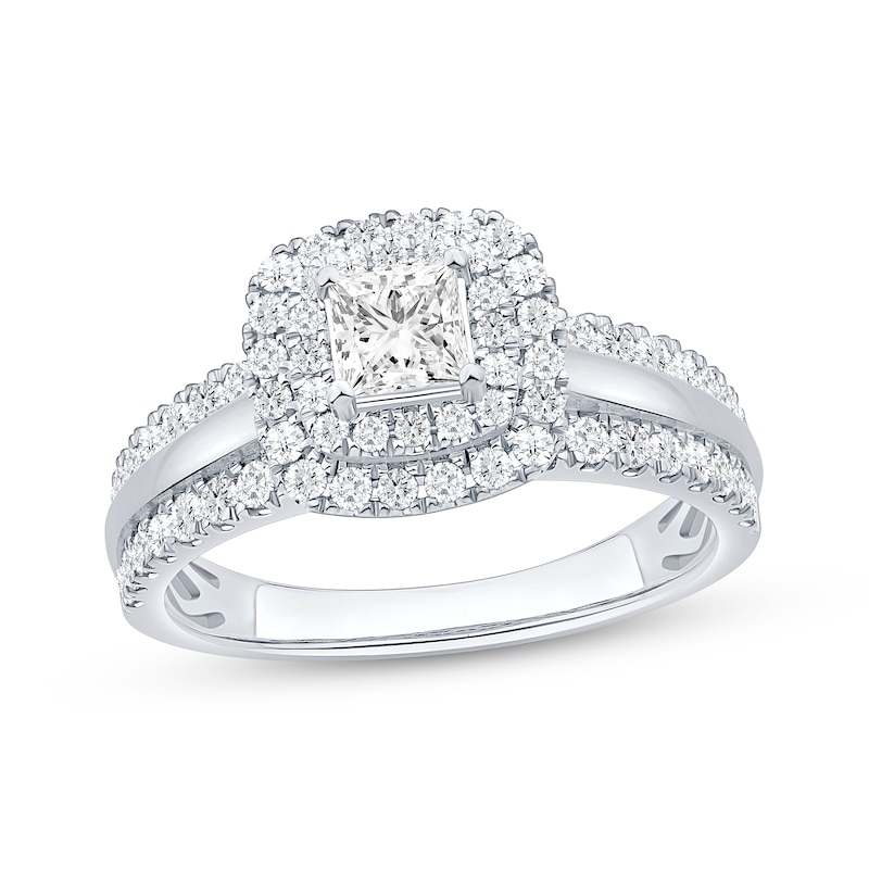 Main Image 1 of Princess-Cut Diamond Cushion Halo Engagement Ring 1-1/6 ct tw 14K White Gold