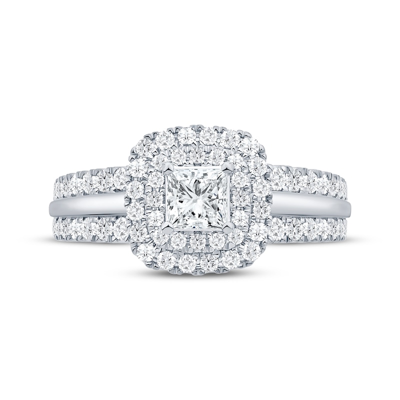 Main Image 3 of Princess-Cut Diamond Cushion Halo Engagement Ring 1-1/6 ct tw 14K White Gold