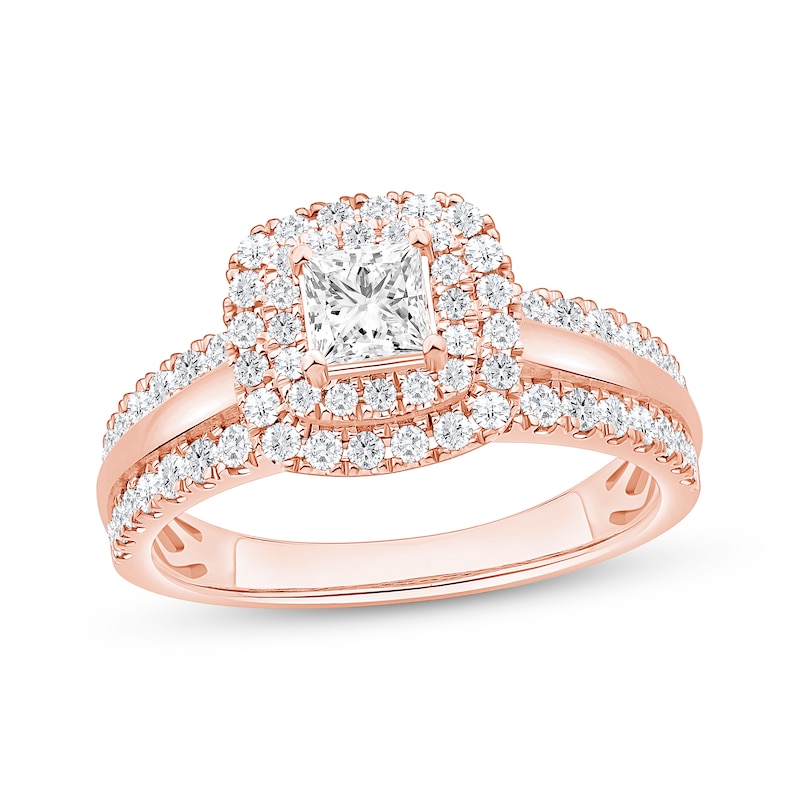 Main Image 1 of Princess-Cut Diamond Cushion Halo Engagement Ring 1-1/6 ct tw 14K Rose Gold