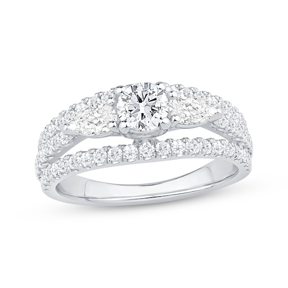 Memories Moments Magic Round-Cut & Pear-Shaped Diamond Three-Stone Engagement Ring 1-1/2 ct tw 14K White Gold