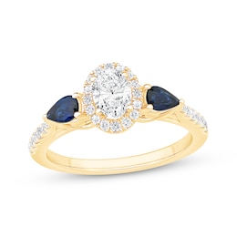Memories Moments Magic Oval-Cut Diamond & Pear-Shaped Blue Sapphire Three-Stone Engagement Ring 3/4 ct tw 14K Yellow Gold